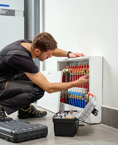 Technician servicing a modern heating system manifold with red and blue pipes.